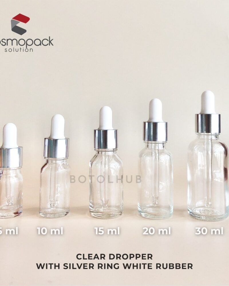 5ml 10ml 15ml 20ml 30ml Clear Dropper with Silver Ring & White Rubber GB104