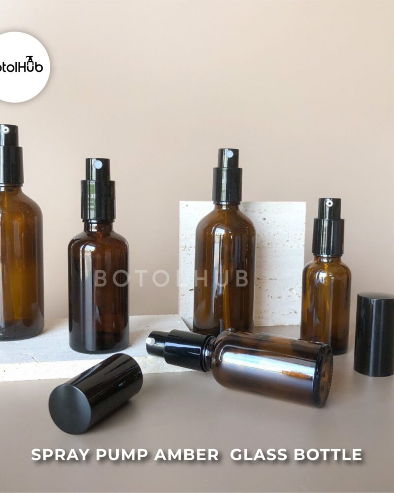 30ml 50ml 100ml Amber Glass Bottle with Black Lotion Pump / Spray & Cap GB37 Botol
