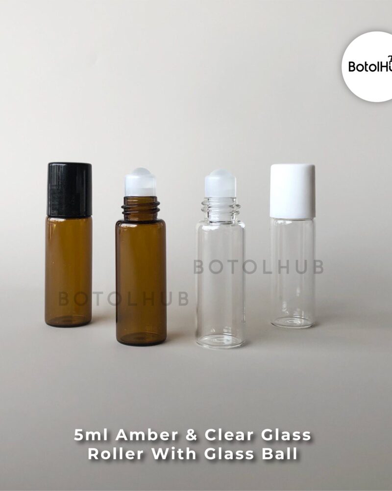 5ml Clear / Amber Roller Bottle with White Cap / Black cap & Glass Ball GB72