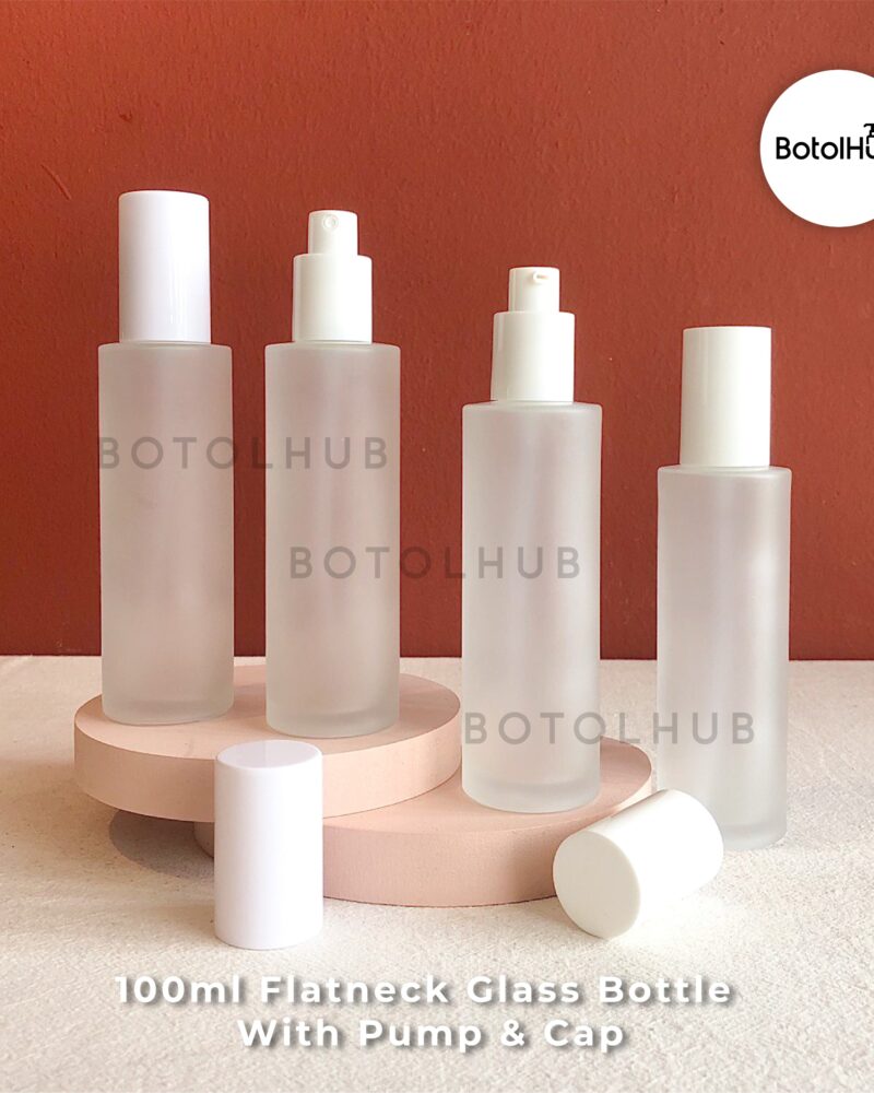 100ml Frosted Flatneck Glass Bottle with White Lotion Pump GB94 / Spray GB126