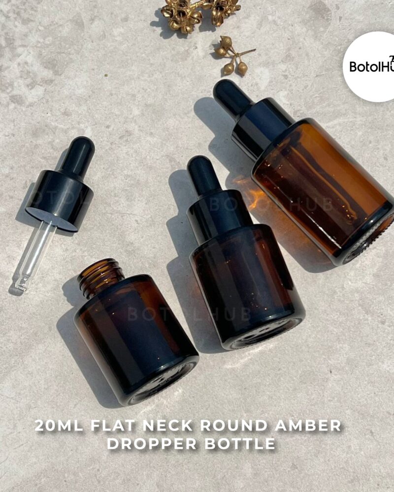 20ml 30ml Amber Flatneck Dropper with Black Alu Ring & Rubber GB140-20 / GB30-10034-30