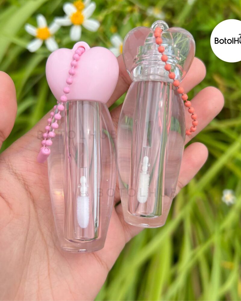 3ml Heart Lipgloss Casing with Beads Chain - Pink Cap & Transparent Casing