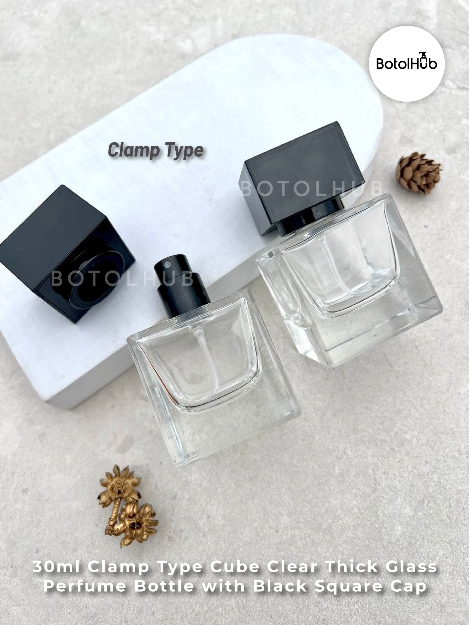 30ml [Clamp Type] CUBE Clear Thick Glass Perfume Bottle with Black Spray and Black Square Cap – GB176-30 (Black)