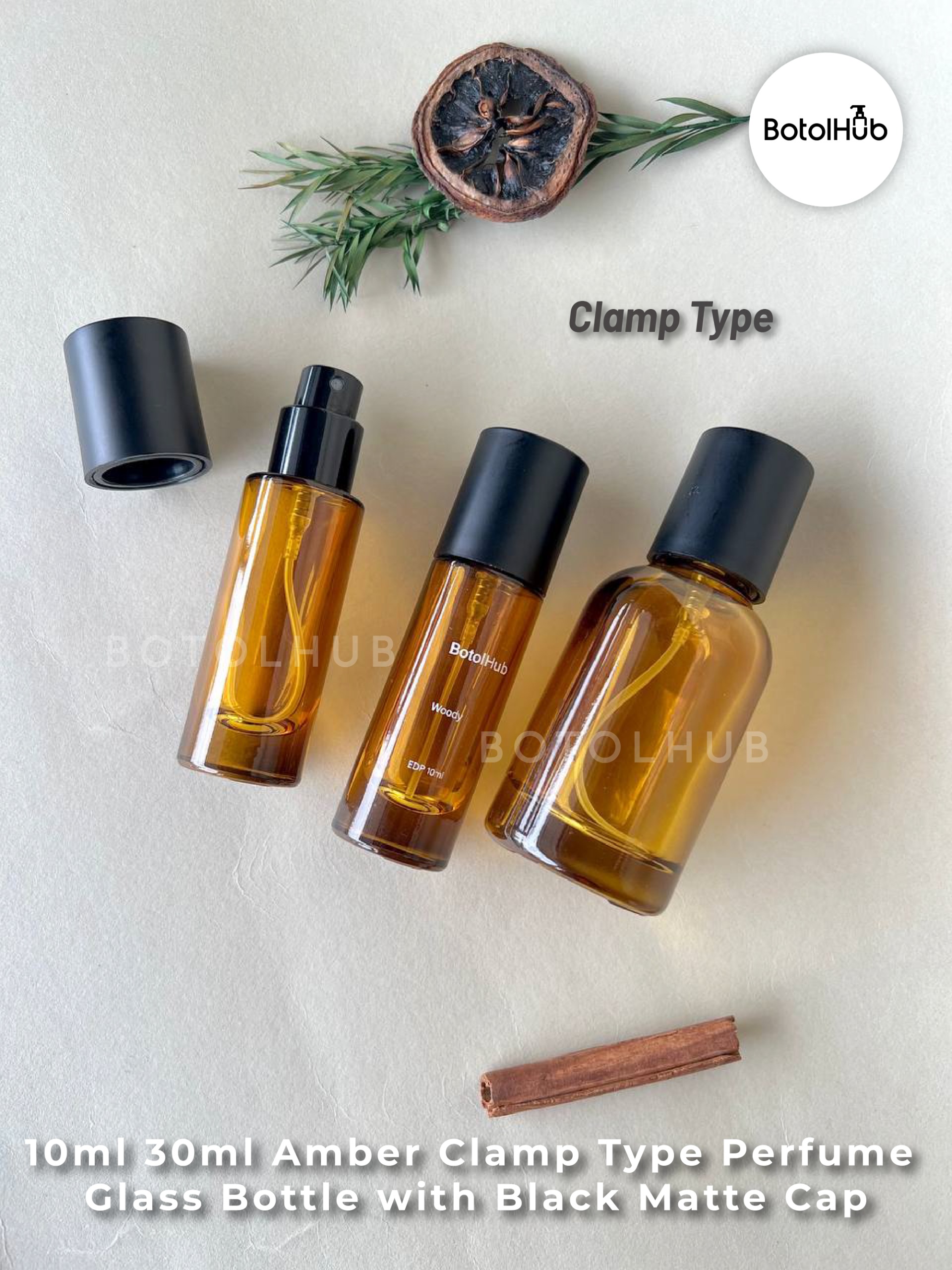10ml 30ml Amber [Clamp Type] Glass Perfume Bottle with Black Spray and Matte Black Cap – GB174-10/30
